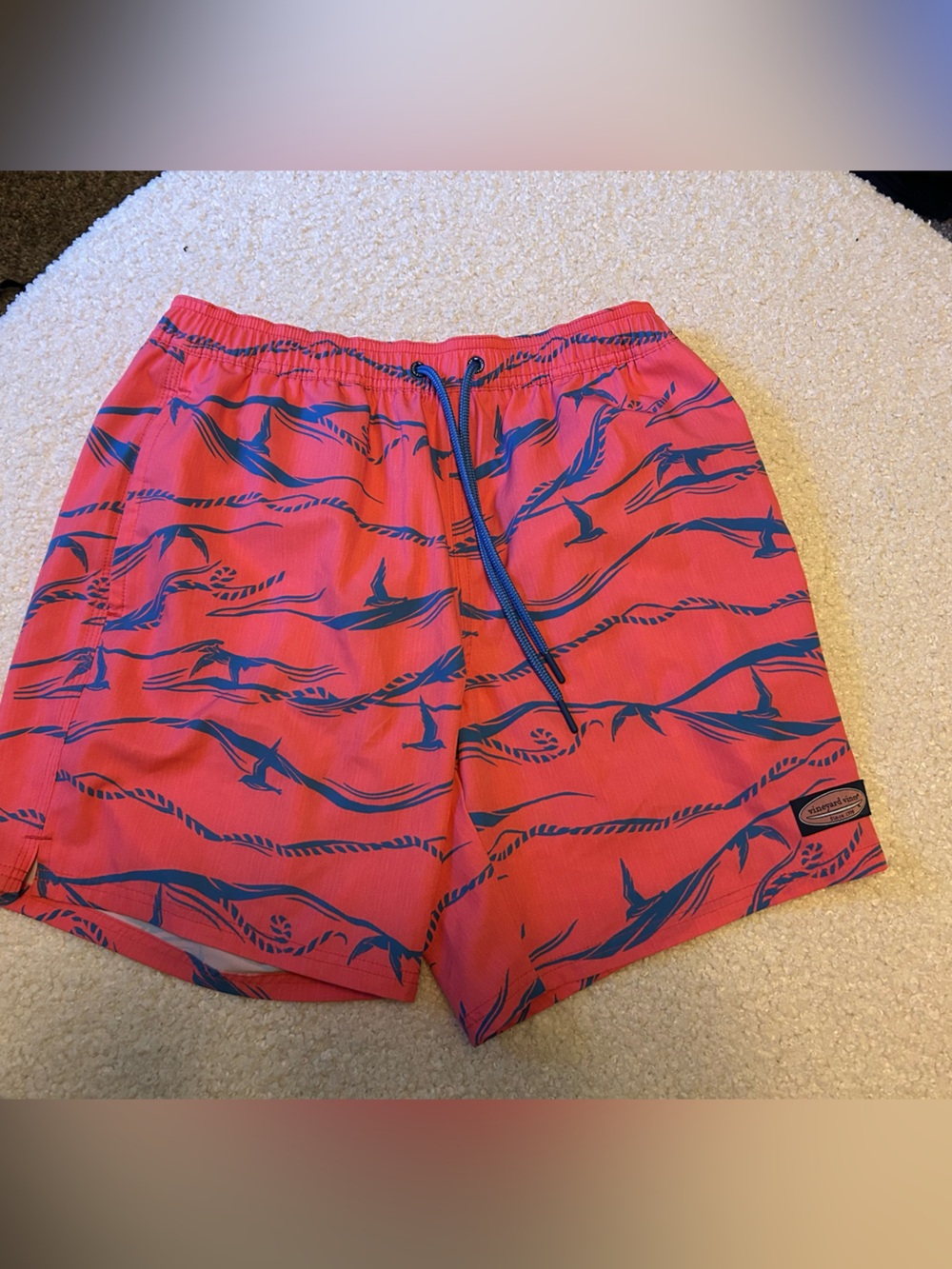 Vineyard Vines Coral Swim Trunks with Blue Seabird & Rope Print